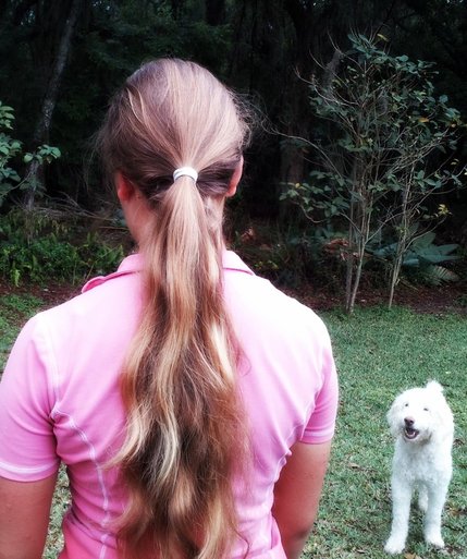 A girl with waist length brown hair tied back into a ponytail with a white hair tie. The girl is wearing a pink shirt, there is a white dog facing the camera, and plants in the background.