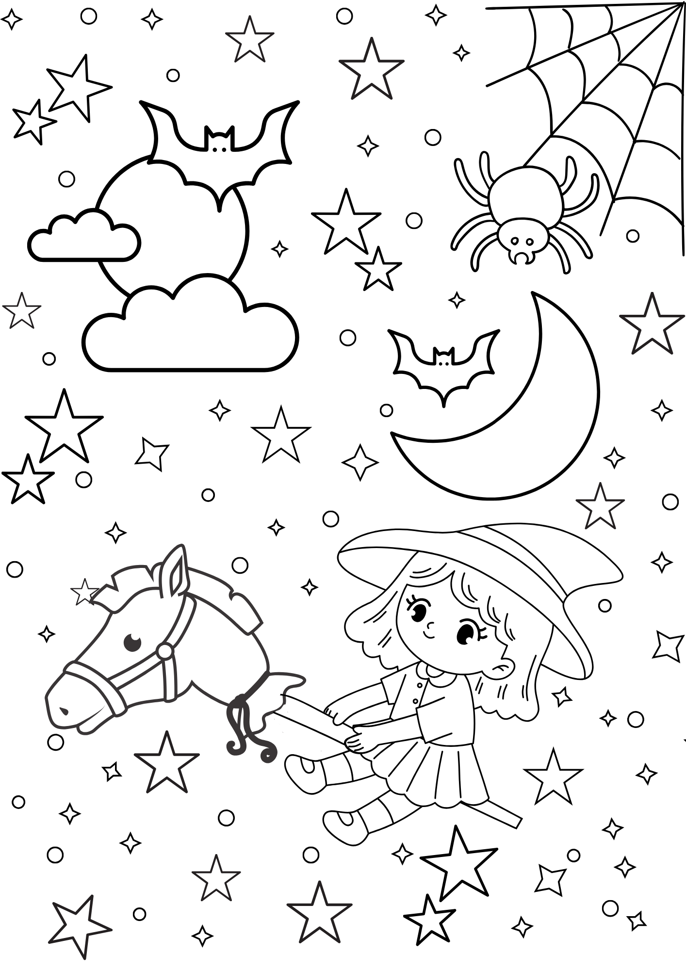 Halloween themed girl riding stick horse coloring page