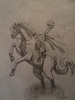 A drawing of a horse rearing in front of a full moon. The horse is being ridden by a person without a head holding a pumpkin with a face carved in it in their left hand.