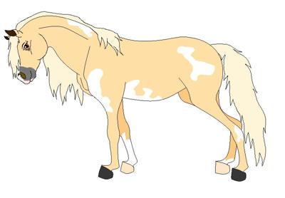 An animated drawing of a Palomino horse with white patches. The horse is standing still.