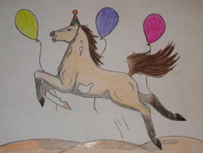 A pinto horse that is a buckskin with white spots and black markings leaping into the air in front of three balloons that are three different colors. The horse is wearing a birthday hat.