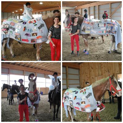 Four pictures showing a horse in a costume that is made up of decorations related to the band one direction. The girl holding the horse in the pictures has a striped shirt and red pants on.