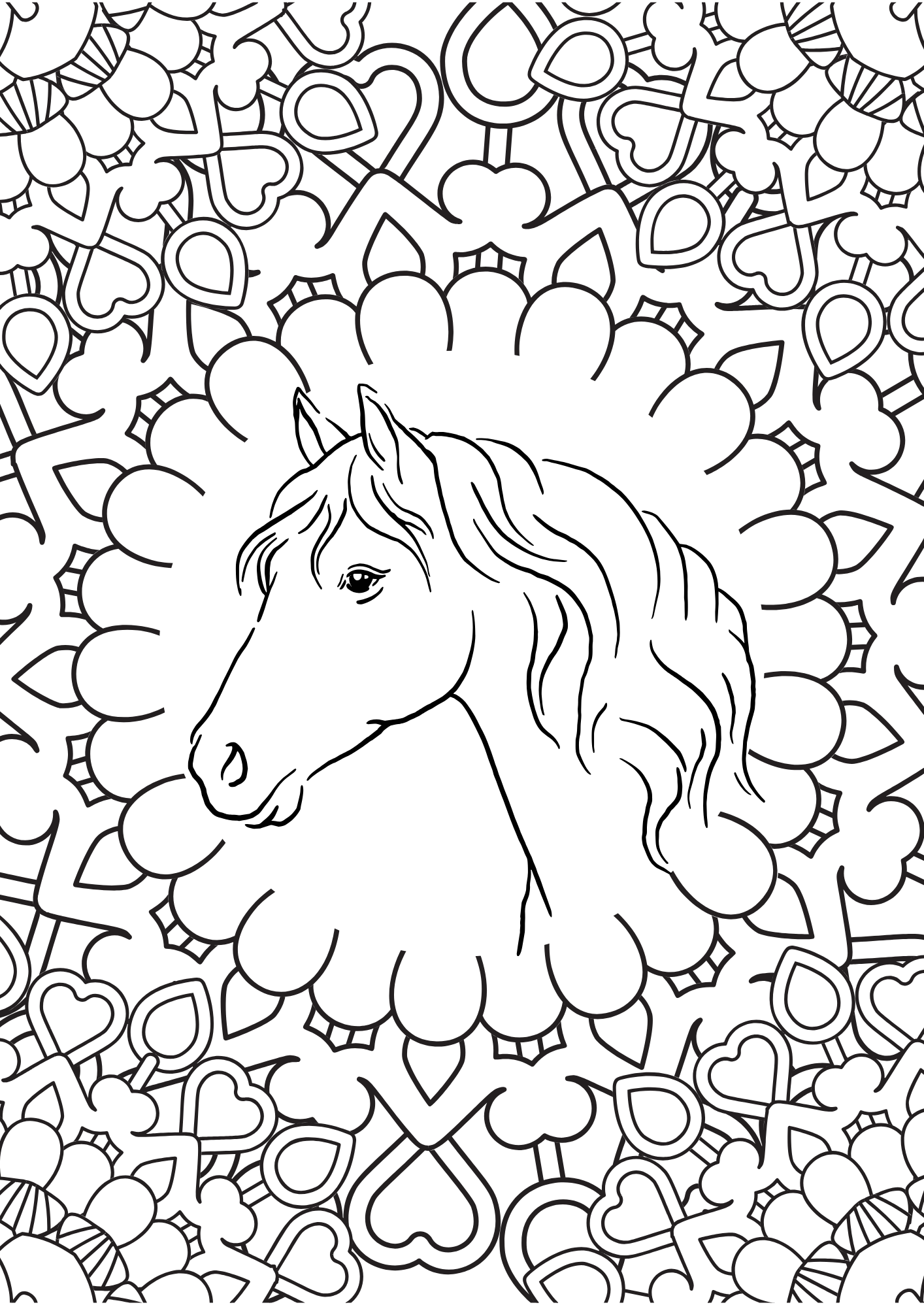 Horse head coloring page with heart design elements