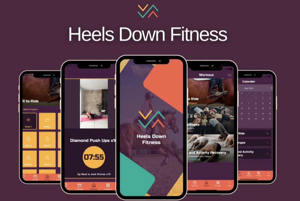 Image from Heels Down Fitness of different parts of the app