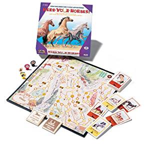 The box and components of the game Herd Your Horses Board Game displayed.