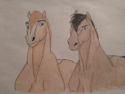 Two horses looking at each other, while facing the observer. One is a chestnut with a white blaze and another is a bay with a white star.