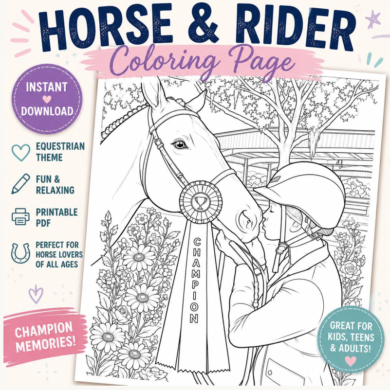 Horse and rider coloring page from SunshineCowgirlShop on Etsy