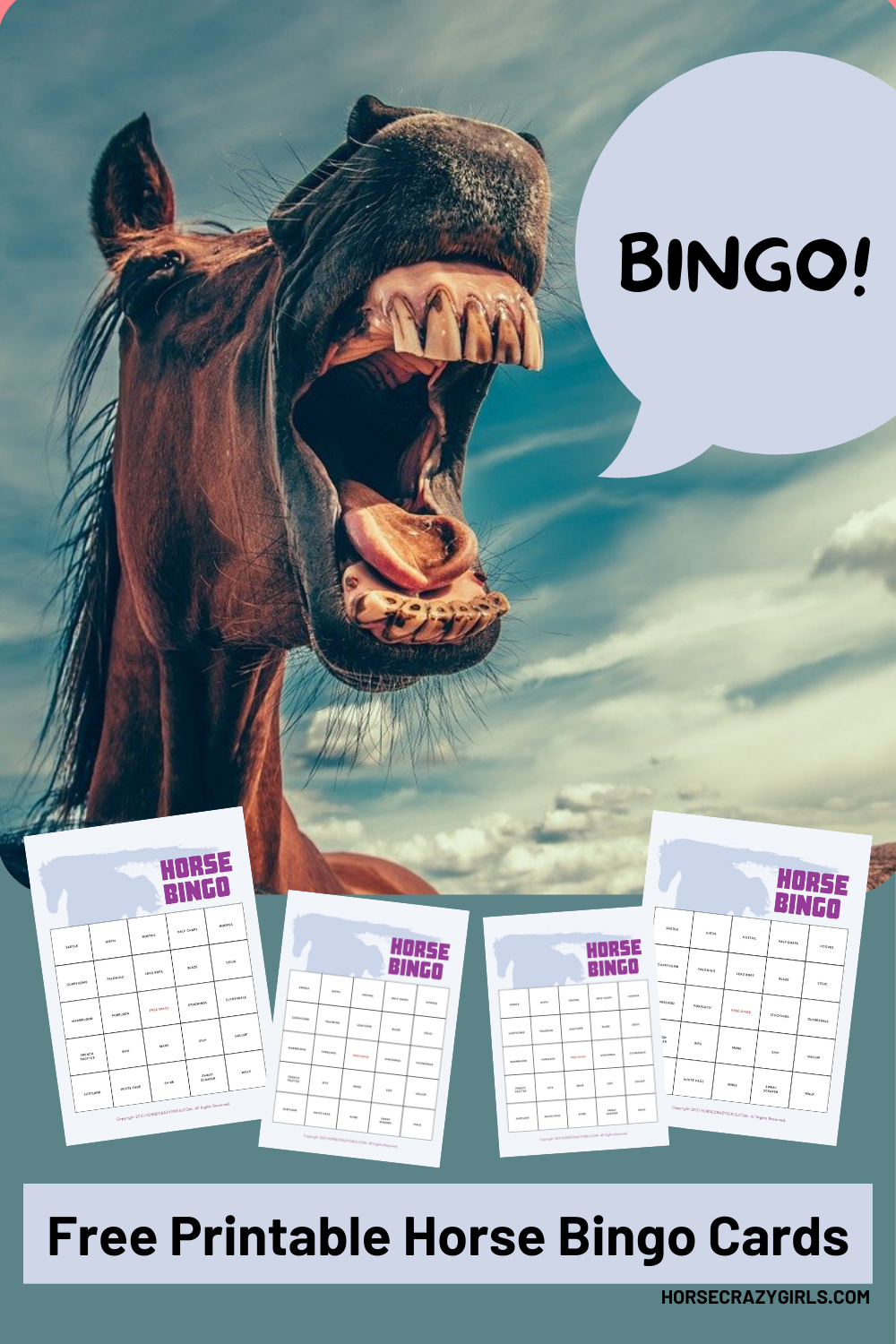 An image of a horse looking like it is yelling bingo with free bingo cards at the bottom.