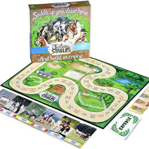 Fantasy Stables Board Game. The picture shows the top of the box of the board game along with the actual board used in the game along with several elements used in the game.