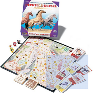 Herd Up Your Horses board game. The picture shows the top of the box of the game along with the actual board used in the game. There are also several elements used in the game shown in the picture.
