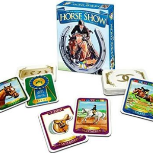 Horse Show Board Game. This shows the top of the box of the game along with cards that are used in the game.