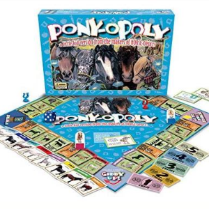 Pony-Opoly board game. The picture shows the top of the box of the board game along with the actual board used in the game and several elements used in the game.