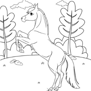 A coloring page featuring a rearing stallion.