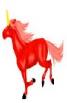 A drawing of a red unicorn with a gold horn and pink mane and tail cantering.