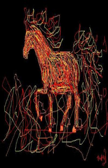 A drawing of a horse walking through fire. The horse itself appears to be made of fire as it is done in red, yellow, and orange color scheme.