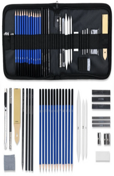 A picture of a carrying case with pencils, eraser, art knife, pencil extender, sandpaper, blending tips, and sharpener. All the items are shown out of the case below the top picture.