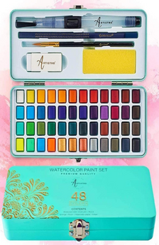 A blue watercolor paints box both closed and opened. The closed box shows the box design while the open box shows the different paints and accessories in the kit.