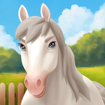 A graphic from the game Horse Haven World Adventures. It shows a white horse with blue eyes in front of a wood fence with green grass and trees in the background. The sky is blue and has clouds.