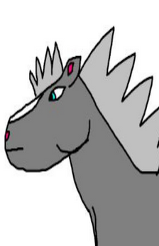 A digital drawing of a gray horse with a spikey mane and forelock, green eye, and white blaze on its face. Only the horse's head and neck are drawn.