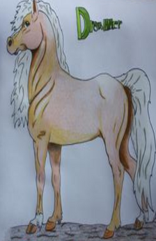 An drawing of a palomino horse standing still on a stone path with some writing that can't be read in the top right hand corner. The horse has a white cornet on its left front leg.