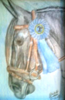 A drawing of a black horse head. The horse is wearing a brown bridle with a blue first place ribbon on the bridle. Only the horse's head and neck are drawn.