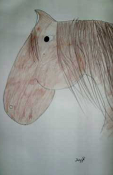 A drawing of a bay horse's head. The horse's neck is obscured by its long mane. Only the horse's head and neck are drawn.