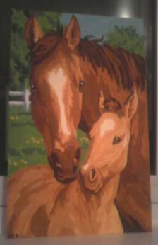 A painting of a bay mare with a white stripe a light bay foal with a star and snip out in a field. There is green grass on the ground and trees and white fence in the background. The sky is blue.