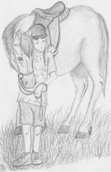 An pencil drawing of a horse standing with a girl. The horse is fully tacked up with English style tack. The girl is wearing a hat, shirt, shorts, and sneakers. There is grass on the ground.