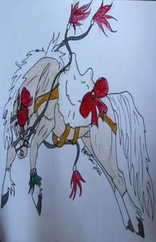 An drawing of a palomino horse wearing an english saddle and bridle bucking. The horse a white stripe and white socks on every leg. There are red ribbon decorations on the horse and the tack.