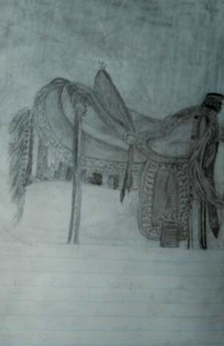 An pencil drawing of a western saddle and saddle pad. The saddle pad has a striped design. There is rope tied around the saddle horn.
