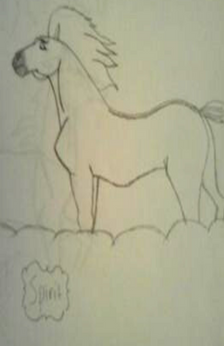 An pencil drawing of the horse Spirit from the movie Spirit: Stallion of the Cimarron standing still on a cloud and looking out to his left. The word 'Spirit' is in the bottom left corner