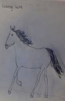 An pencil drawing of a horse galloping. The words 'galloping horse' appear in the upper left hand corner of the drawing.