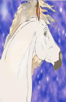 A drawing of a white horse head in front of a white, purple, and blue galaxy background. The horse has a black muzzle and a cream colored mane.