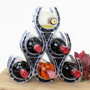 Horse Shoe Pewter Wine Bottle Rack (Fits 6 Bottles), personalized gift for a horse lover