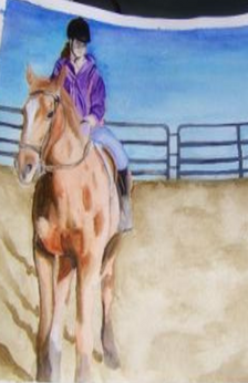 A watercolor painting of a girl riding a horse in a roundpen.