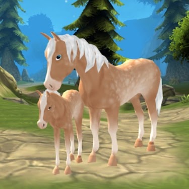A graphic from the game Horse Paradise. It shows a palomino horse standing next to a palomino foal on a dirt path with pine trees, rocks, and green grass in the background.