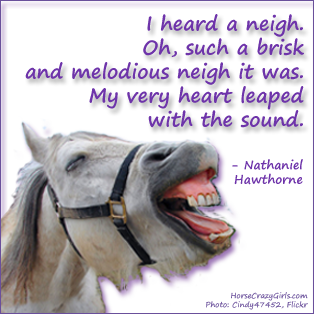 A picture of a horse neighing with the quote "I heard a neigh. Oh, such a brisk and melodious neigh it was. My very heart leaped with the sound." - Nathaniel Hawthorne