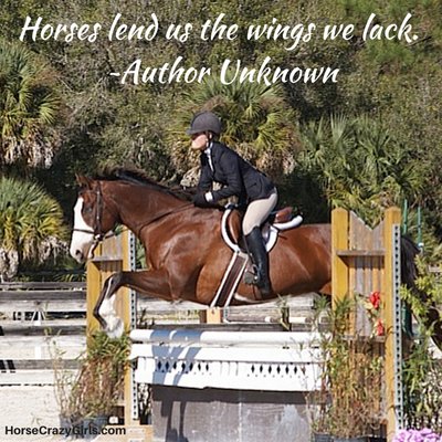 A girl riding a horse over a jump with the quote "Horses lend us the wings we lack." - Author Unknown