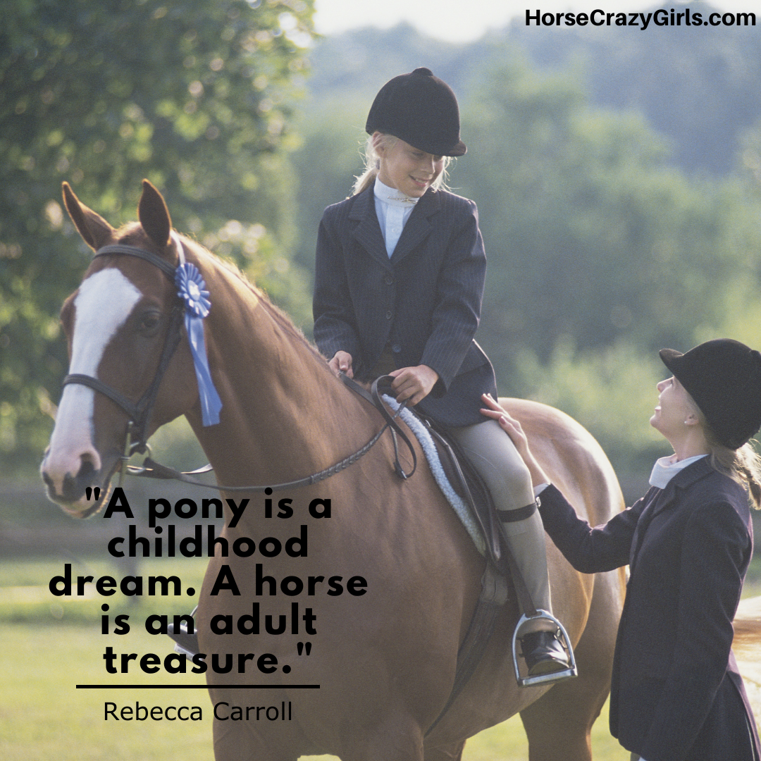 A picture of one girl riding a horse and another looking up to her with the quote "A pony is a childhood dream. A horse is an adult treasure." ~Rebecca Carroll