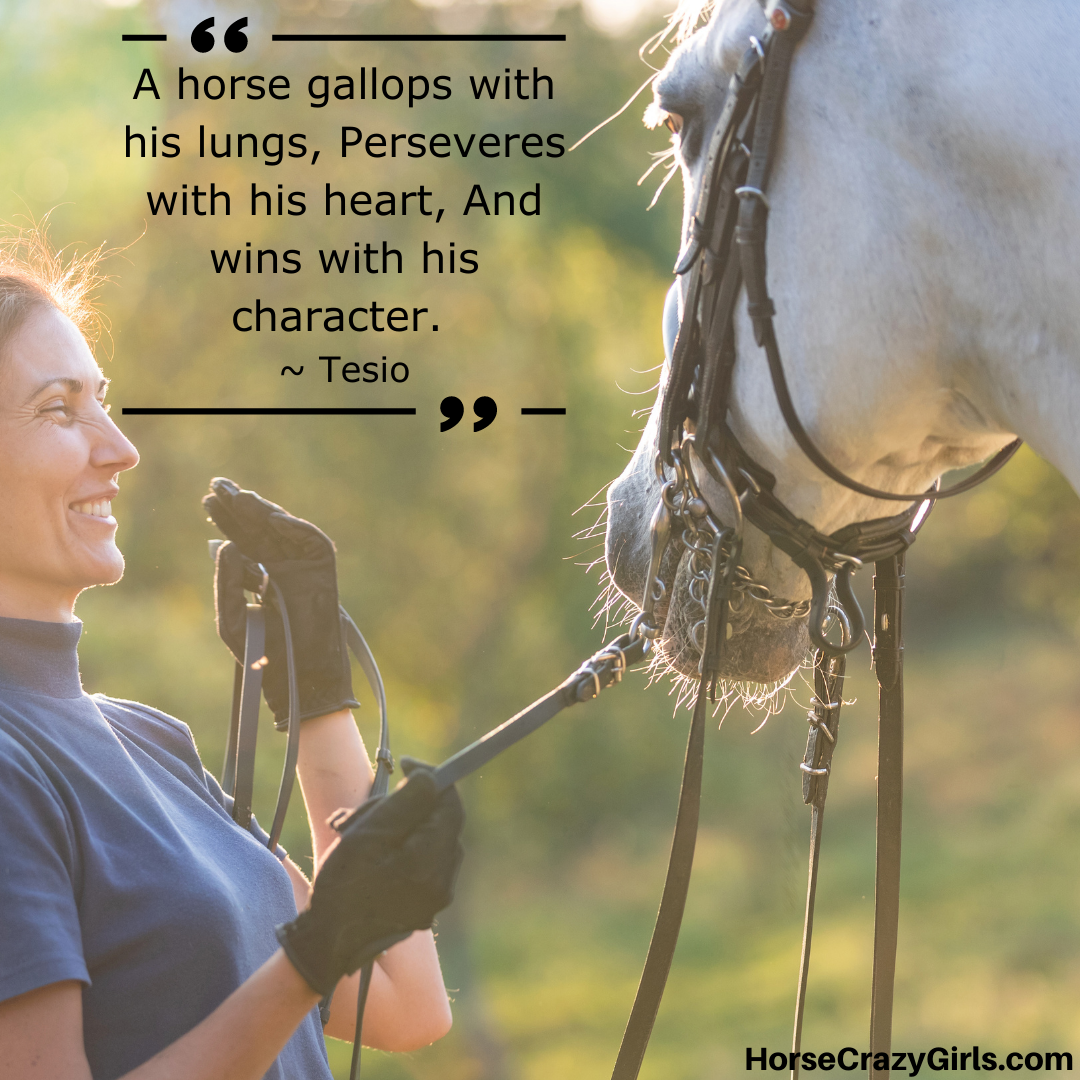 A picture of a woman facing her horse with the quote “A horse gallops with his lungs, Perseveres with his heart, And wins with his character.” ~ Tesio