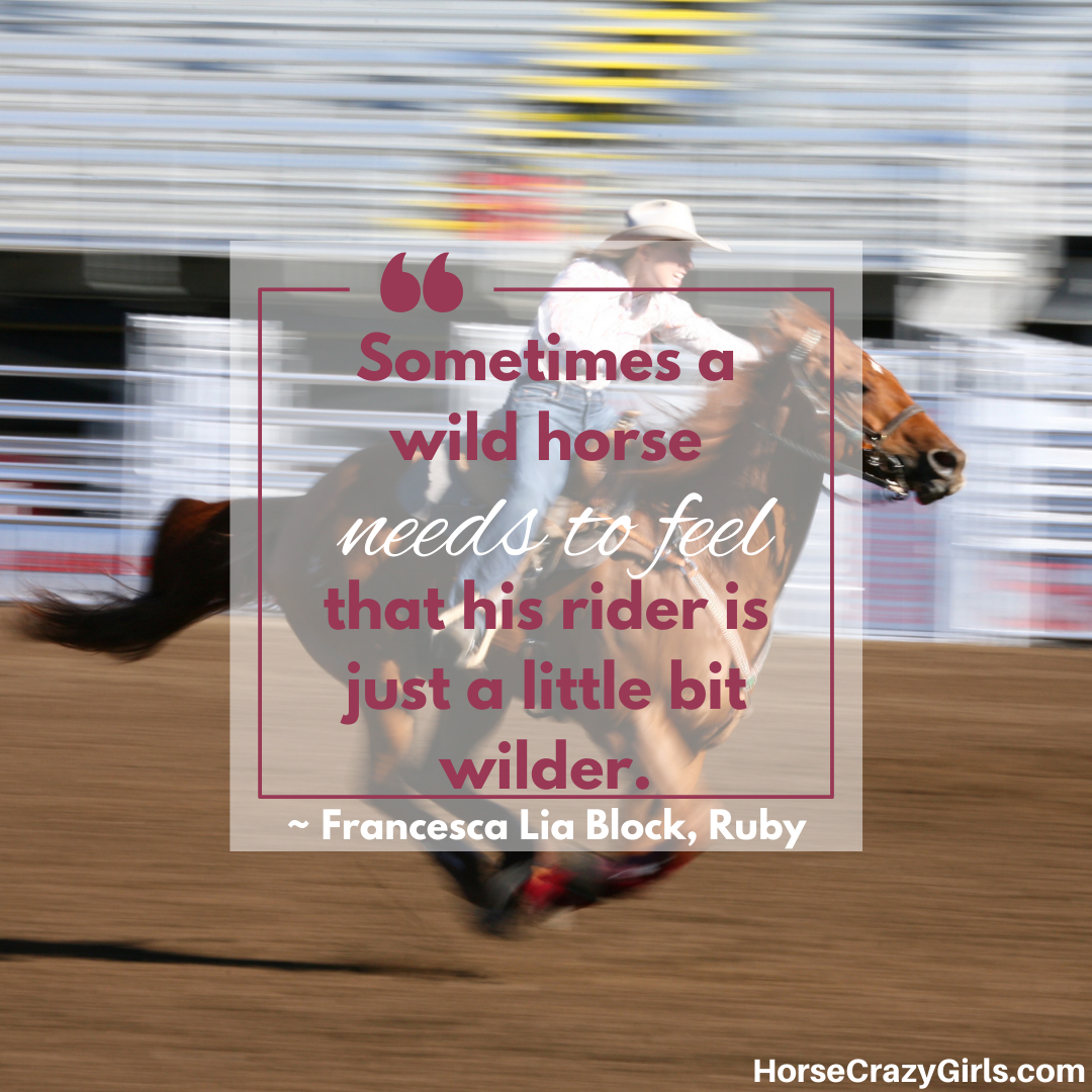 An image of a horse running fast with its rider with the quote “Sometimes a wild horse needs to feel that his rider is just a little bit wilder.” ~ Francesca Lia Block, Ruby