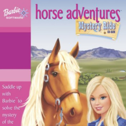 A graphic from the PC game Barbie Horse Adventures: Mystery. In the lower right section, an illustration of blonde barbie and her brown horse.