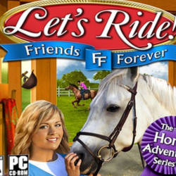 A graphic from the PC game Let's Ride: Friends Forever. In the center, there is text that says Let's Ride: Friends Forever, and a picture of a girl smiling while holding her white horse.