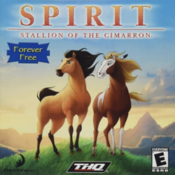A graphic from the PC game Spirit: Stallion of the Cimarron. In the center, there is text that says Spirit stallion of the Cimarron, Forever Free and an illustration of 2 horses.