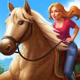 A graphic from the game Horse Riding Tales. It shows a palomino horse gearing a bitless bridle and english tack cantering. A woman with red hair is riding the horse. The sky is blue.