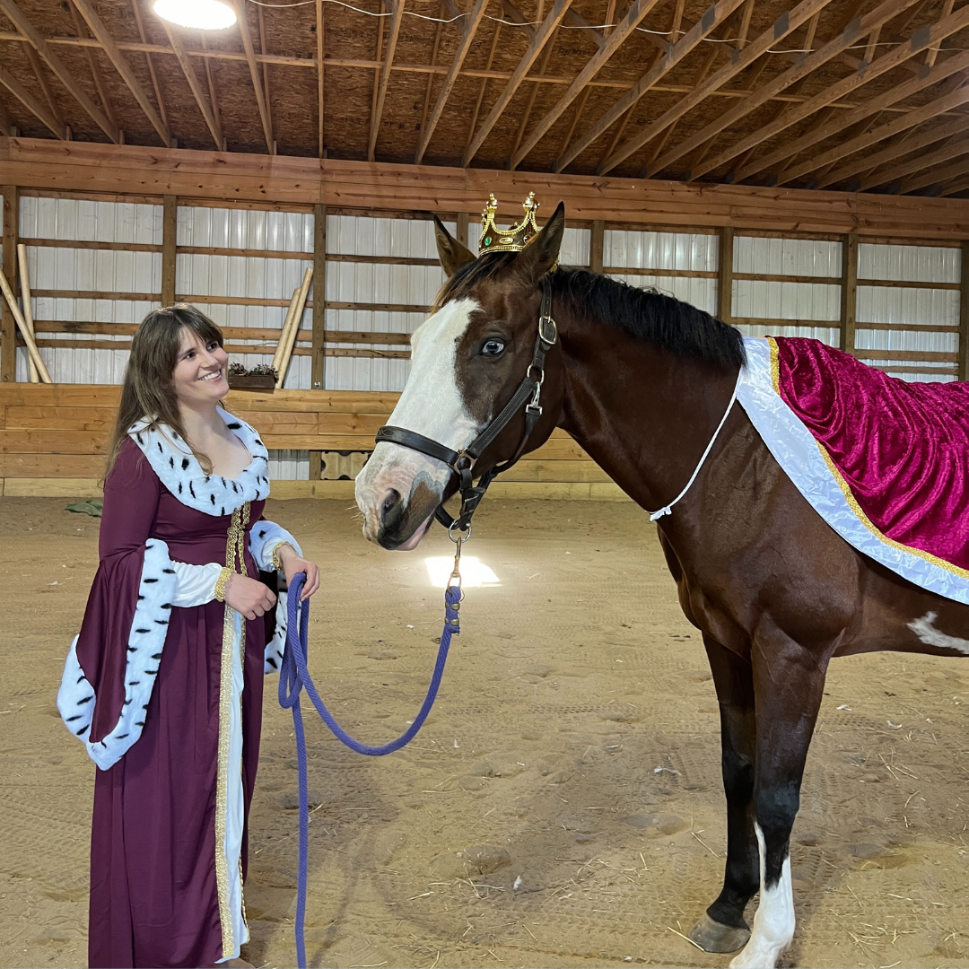 A horse wearing a king costume with a woman wearing a queen costume
