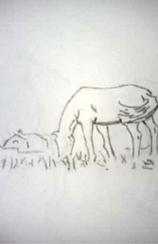 A drawing of a horse grazing in a field along with a barn in the background.