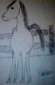 A drawing of a horse standing in front of a fence looking off towards the side.