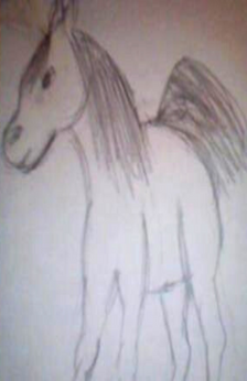 A drawing of a horse standing looking off towards the side.
