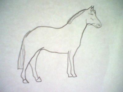 A pencil sketch of a horse standing still.
